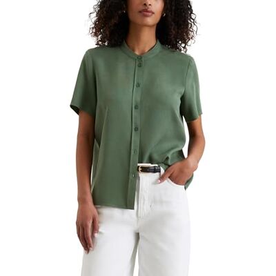 Marc O'Polo Chemisier à manches courtes en denim pour femme avec col montant coupe droite, Modèle 2916, XS Marc O'Polo Chemisier à manches courtes en denim pour femme avec col montant coupe droite, Modèle 2916, XS