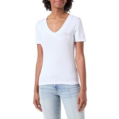 Calvin Jeans T-shirt côtelé à manches courtes et col en V pour femme, Bright White, XXS Calvin Jeans T-shirt côtelé à manches courtes et col en V pour femme, Bright White, XXS