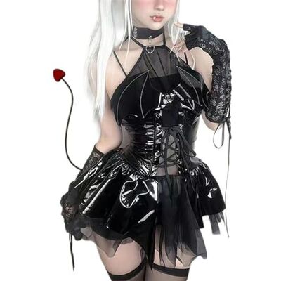 AYAZER Diable Fille PU Costume en Cuir Femmes Succube Cosplay Lingerie Costumes Halter Transparent Dentelle Jupe Sexy Pyjamas Maid Uniforme-Noir-M AYAZER Diable Fille PU Costume en Cuir Femmes Succube Cosplay Lingerie Costumes Halter Transparent Dentelle Jupe Sexy Pyjamas Maid Uniforme-Noir-M