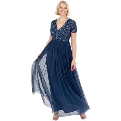 Maya Deluxe Robe pour femme pour invitée de mariage, grande taille, taille haute, paillettes, manches courtes, soirée, demoiselle d'honneur, bleu marine, 42 Maya Deluxe Robe pour femme pour invitée de mariage, grande taille, taille haute, paillettes, manches courtes, soirée, demoiselle d'honneur, bleu marine, 42