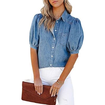 LITTLA Chemisier élégant pour femme, chemise en jean pour femme, mode bleu clair, lavage délavé col en V délavé chemises hauts doux à manches bouffantes amples boutonnées chemisiers tunique élégante pour LITTLA Chemisier élégant pour femme, chemise en jean pour femme, mode bleu clair, lavage délavé col en V délavé chemises hauts doux à manches bouffantes amples boutonnées chemisiers tunique élégante pour