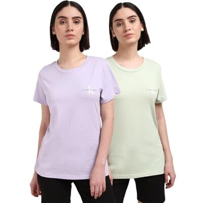 Calvin Jeans Lot de 2 t-shirts Monologo Slim à manches courtes et col rond pour femme, Vert (vert céladon/lilas pastel), XXS Calvin Jeans Lot de 2 t-shirts Monologo Slim à manches courtes et col rond pour femme, Vert (vert céladon/lilas pastel), XXS