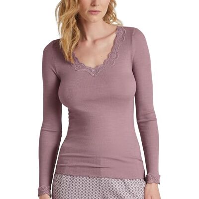 CALIDA Richesse Haut en dentelle pour femme, en laine vierge et soie, avec dentelle au niveau du col, côtes fines en tricot rond sans coutures latérales gênantes, thermorégulateur, Framboise, 42-44 CALIDA Richesse Haut en dentelle pour femme, en laine vierge et soie, avec dentelle au niveau du col, côtes fines en tricot rond sans coutures latérales gênantes, thermorégulateur, Framboise, 42-44