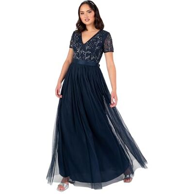 Maya Deluxe Robe longue pour femme Motif floral à paillettes Col en V Manches courtes Tulle Ceinture à nouer Style empire Robe trapèze Demoiselle d'honneur Bleu marine Taille 28, Maya Deluxe Robe longue pour femme Motif floral à paillettes Col en V Manches courtes Tulle Ceinture à nouer Style empire Robe trapèze Demoiselle d'honneur Bleu marine Taille 28,