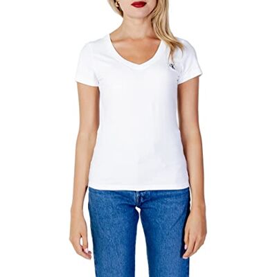 Calvin Jeans T-shirt col en V extensible avec broderie Ck pour femme, Bright White, XXS Calvin Jeans T-shirt col en V extensible avec broderie Ck pour femme, Bright White, XXS