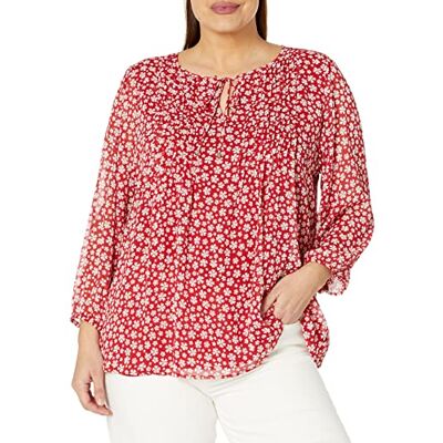 Tommy Hilfiger Chemise à boutons et manches réglables pour femme avec col boutonné, rouge, 2X Tommy Hilfiger Chemise à boutons et manches réglables pour femme avec col boutonné, rouge, 2X