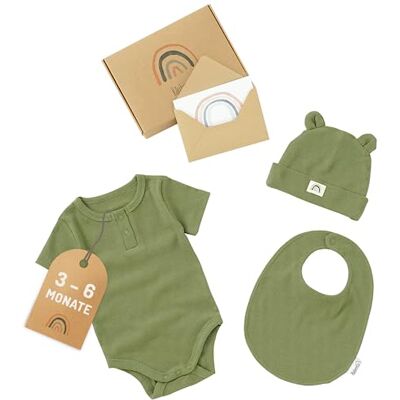 Räuberella ® Bébé Cadeau de naissance + carte et emballage cadeau Grenouillère, bonnet et bavoir (olive) Räuberella ® Bébé Cadeau de naissance + carte et emballage cadeau Grenouillère, bonnet et bavoir (olive)