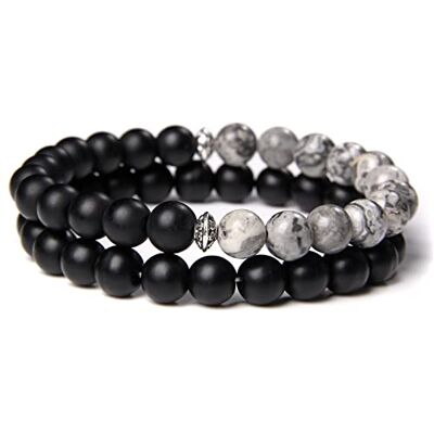 ASNAT Lot de 2 bracelets de perles en pierre naturelle œil de tigre et hématite pour homme Bracelet élastique en corde Type 39, 23 cm ASNAT Lot de 2 bracelets de perles en pierre naturelle œil de tigre et hématite pour homme Bracelet élastique en corde Type 39, 23 cm