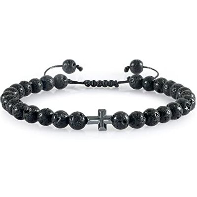 CWZZWS Bracelet de perles noires de 6 mm en hématite et croix pour homme en pierre naturelle œil de tigre fait à la main, A CWZZWS Bracelet de perles noires de 6 mm en hématite et croix pour homme en pierre naturelle œil de tigre fait à la main, A
