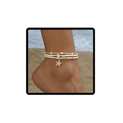 Cubahop Lot de 4 bracelets de cheville élastiques en forme d'étoile de mer avec perles de coquillage dorées pour femme, One Size, Métal, Pas de gemme Cubahop Lot de 4 bracelets de cheville élastiques en forme d'étoile de mer avec perles de coquillage dorées pour femme, One Size, Métal, Pas de gemme