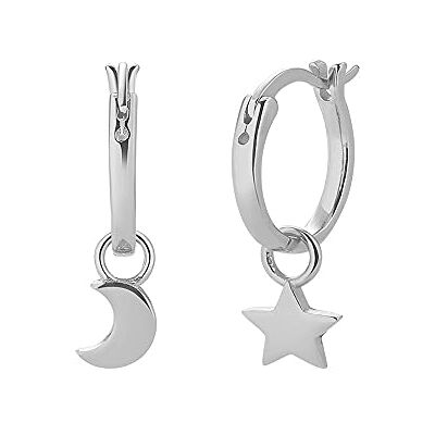 Scott Boucles d'oreilles créoles en argent sterling 925 avec pendentif pour femmes, filles et femmes Petites créoles à suspendre avec lune et étoile, Argent sterling Scott Boucles d'oreilles créoles en argent sterling 925 avec pendentif pour femmes, filles et femmes Petites créoles à suspendre avec lune et étoile, Argent sterling