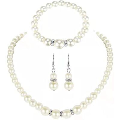 Dishowme Ensemble collier de perles de mariage et boucles d'oreilles en cristal avec pendentif en fausses perles et bracelet pour femme, fille, mariée, demoiselles d'honneur (argenté) Dishowme Ensemble collier de perles de mariage et boucles d'oreilles en cristal avec pendentif en fausses perles et bracelet pour femme, fille, mariée, demoiselles d'honneur (argenté)