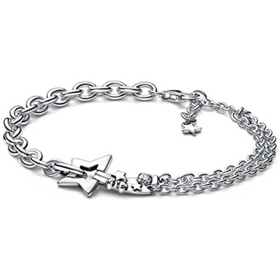 PANDORA Sternschnuppe Doppelkettenarmband aus Sterling-Silber mit Cubic-Zirkonia Steinen verziert, Moments Collection, Größe: 18, 592409C01-18 PANDORA Sternschnuppe Doppelkettenarmband aus Sterling-Silber mit Cubic-Zirkonia Steinen verziert, Moments Collection, Größe: 18, 592409C01-18