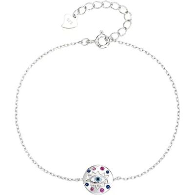 MYSTIC JEWELS Bracelet œil turc en argent sterling 925 avec zircons roses et bleus Pendentif rond 16 + 3 cm Bijou minimaliste MYSTIC JEWELS Bracelet œil turc en argent sterling 925 avec zircons roses et bleus Pendentif rond 16 + 3 cm Bijou minimaliste