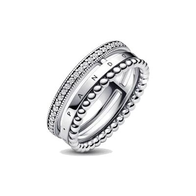 PANDORA Signature Bague Logo Pavé et motif perles en argent sterling avec zircones cubiques transparentes, taille 48 PANDORA Signature Bague Logo Pavé et motif perles en argent sterling avec zircones cubiques transparentes, taille 48