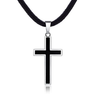 DonDon Collier homme en cuir 50 cm et pendentif croix bicolore en acier inoxydable emballé dans une pochette cadeau noire, Cuir, Pas de gemme DonDon Collier homme en cuir 50 cm et pendentif croix bicolore en acier inoxydable emballé dans une pochette cadeau noire, Cuir, Pas de gemme