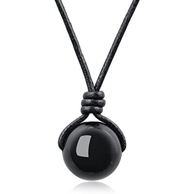 COAI Collier unisexe avec pendentif sphère en pierres naturelles, cordon en cuir réglable, Pierre, Obsidienne COAI Collier unisexe avec pendentif sphère en pierres naturelles, cordon en cuir réglable, Pierre, Obsidienne