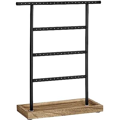 SONGMICS Boîte à bijoux, organisateur de bijoux à 4 niveaux avec plateau CAELEY JJS019B01 Base en bois pour boucles d'oreilles vintage Couleur bois et noir SONGMICS Boîte à bijoux, organisateur de bijoux à 4 niveaux avec plateau CAELEY JJS019B01 Base en bois pour boucles d'oreilles vintage Couleur bois et noir