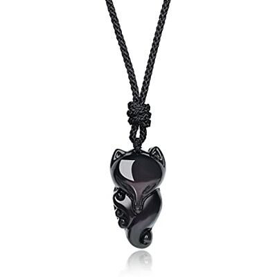 COAI Collier Ajustable Pendentif Renard Obsidienne Noire Homme Femme, Pierre, Obsidienne COAI Collier Ajustable Pendentif Renard Obsidienne Noire Homme Femme, Pierre, Obsidienne