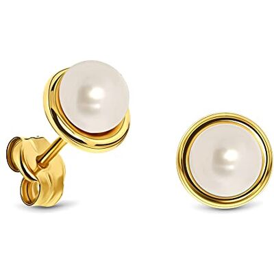 Miore Boucles d'Oreilles pour Femmes avec Perles d'eau douce Blanches Clous d'Oreilles en Or Jaune 14 Carat / 585 Or, Bijou, Or jaune, Perle Miore Boucles d'Oreilles pour Femmes avec Perles d'eau douce Blanches Clous d'Oreilles en Or Jaune 14 Carat / 585 Or, Bijou, Or jaune, Perle