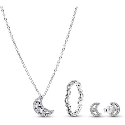 PANDORA Ensemble de bijoux Lune pour femme comprenant collier, bague et boucles d'oreilles, en argent sterling 925 orné de zirconiums cubiques étincelants 21122 PANDORA Ensemble de bijoux Lune pour femme comprenant collier, bague et boucles d'oreilles, en argent sterling 925 orné de zirconiums cubiques étincelants 21122