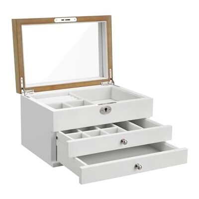 SONGMICS Boîte à Bijoux à 3 Niveaux, Rangement à Bijoux en Bois d'Ingénierie, Coffret à Bijoux Original avec Tiroirs, pour Bagues, Boucles d’Oreilles, Bracelets, Cadeau Noel, Colliers, Blanc JOW15WN SONGMICS Boîte à Bijoux à 3 Niveaux, Rangement à Bijoux en Bois d'Ingénierie, Coffret à Bijoux Original avec Tiroirs, pour Bagues, Boucles d’Oreilles, Bracelets, Cadeau Noel, Colliers, Blanc JOW15WN
