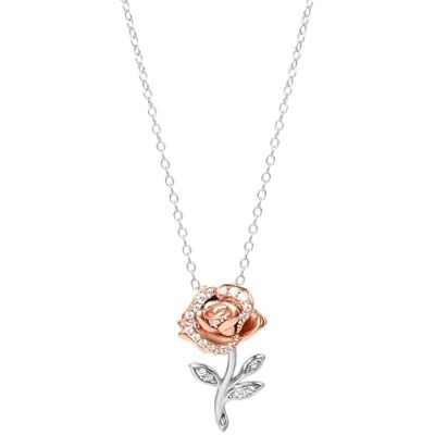 Disney Collier rose en argent sterling 925 avec pierres La Belle et la Bête Disney Collier rose en argent sterling 925 avec pierres La Belle et la Bête