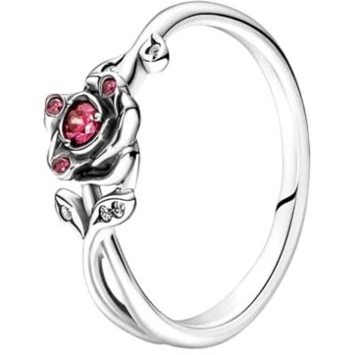 PANDORA Disney La Belle et la Bête Bague rose en argent sterling avec zircone cubique rouge et transparent PANDORA Disney La Belle et la Bête Bague rose en argent sterling avec zircone cubique rouge et transparent