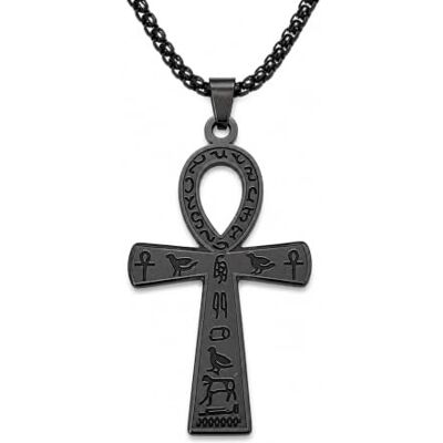 BlackAmazement Collier en acier inoxydable 316L avec pendentif en forme de croix d'Anch, hiéroglyphes, argenté, noir, or, pour homme et femme BlackAmazement Collier en acier inoxydable 316L avec pendentif en forme de croix d'Anch, hiéroglyphes, argenté, noir, or, pour homme et femme