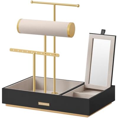 SONGMICS JJS022B01 Présentoir à bijoux en métal noir/doré, avec miroir, rangement pour boucles d’oreilles, bracelets, bagues, idée cadeau SONGMICS JJS022B01 Présentoir à bijoux en métal noir/doré, avec miroir, rangement pour boucles d’oreilles, bracelets, bagues, idée cadeau