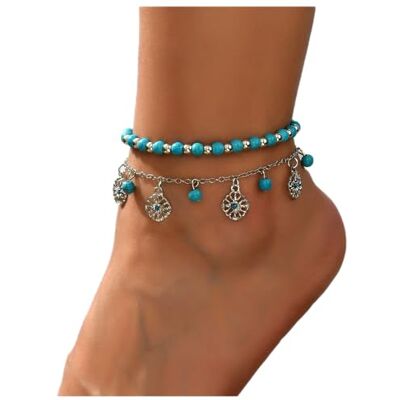 Dishowme Lot de 2 bracelets de cheville en forme de fleur turquoise avec perles de cristal sculptées géométriques pour femmes et filles (argent) Dishowme Lot de 2 bracelets de cheville en forme de fleur turquoise avec perles de cristal sculptées géométriques pour femmes et filles (argent)
