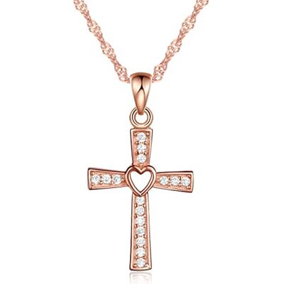 Infinite U Unendlich U Collier classique en argent sterling 925 avec pendentif en forme de croix et de cœur avec pendentif en argent et or rose, Zircone cubique Infinite U Unendlich U Collier classique en argent sterling 925 avec pendentif en forme de croix et de cœur avec pendentif en argent et or rose, Zircone cubique