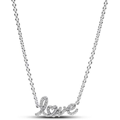 PANDORA Moments Funkelnde Handgeschriebenes Love Collier-Halskette aus Sterling Silber mit Zirkonia, Länge: 45cm, 393076C01-45 PANDORA Moments Funkelnde Handgeschriebenes Love Collier-Halskette aus Sterling Silber mit Zirkonia, Länge: 45cm, 393076C01-45