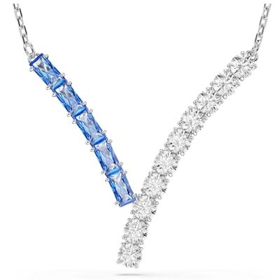 Swarovski Collier pendentif en V, de la collection Matrix, composé de cristaux Zirconia bleus et incolores de tailles baguette et ronde, structure en métal rhodié Swarovski Collier pendentif en V, de la collection Matrix, composé de cristaux Zirconia bleus et incolores de tailles baguette et ronde, structure en métal rhodié