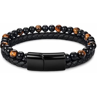 Memphis Bracelet en cuir noir œil de tigre perles en acier inoxydable fermoir magnétique 18,5 cm Memphis Bracelet en cuir noir œil de tigre perles en acier inoxydable fermoir magnétique 18,5 cm