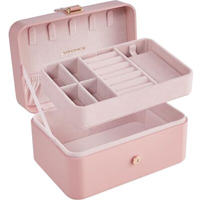 SONGMICS GISELLA Collection Boîte à Bijoux de Voyage, Petit Écrin à Accessoires, Rangement Bijoux à 2 Niveaux, Portable, pour Accessoires plus Grands, 11 x 16 x 8 cm, Rose Bonbon JBC166R01 SONGMICS GISELLA Collection Boîte à Bijoux de Voyage, Petit Écrin à Accessoires, Rangement Bijoux à 2 Niveaux, Portable, pour Accessoires plus Grands, 11 x 16 x 8 cm, Rose Bonbon JBC166R01