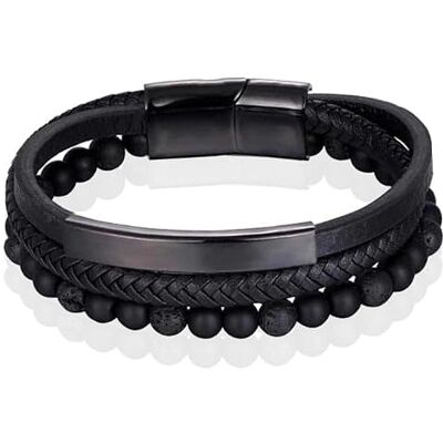 Memphis Bracelet Homme Agate Perle Cuir Tressé Noir 21cm Memphis Bracelet Homme Agate Perle Cuir Tressé Noir 21cm