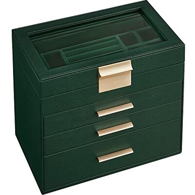 SONGMICS Boîte à bijoux avec couvercle en verre, 4 couches, organiseur de bijoux avec 3 tiroirs, beaucoup de rangement, moderne, idée cadeau, 15,3 x 25,1 x 21,5 cm, vert forêt et or JBC161G01 SONGMICS Boîte à bijoux avec couvercle en verre, 4 couches, organiseur de bijoux avec 3 tiroirs, beaucoup de rangement, moderne, idée cadeau, 15,3 x 25,1 x 21,5 cm, vert forêt et or JBC161G01