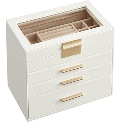 SONGMICS GISELLA Collection Boîte à Bijoux, Écrin à Accessoires 4 Niveaux, Coffre de Rangement, Couvercle en Verre, 3 Tiroirs, Moderne, Blanc Nuage et Doré, 15,3 x 25,1 x 21,5 cm JBC161W01 SONGMICS GISELLA Collection Boîte à Bijoux, Écrin à Accessoires 4 Niveaux, Coffre de Rangement, Couvercle en Verre, 3 Tiroirs, Moderne, Blanc Nuage et Doré, 15,3 x 25,1 x 21,5 cm JBC161W01