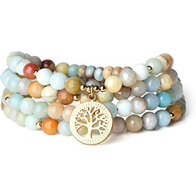COAI Bracelet collier Japa Mala 108 perles Mala multicouches en pierres naturelles facettées avec amulette arbre de vie COAI Bracelet collier Japa Mala 108 perles Mala multicouches en pierres naturelles facettées avec amulette arbre de vie