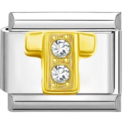 Quiges 9 mm Style italien Module à maillons en acier inoxydable et oxyde de zirconium Lettre T de l'alphabet doré pour bracelets de style italien, Cuivre Quiges 9 mm Style italien Module à maillons en acier inoxydable et oxyde de zirconium Lettre T de l'alphabet doré pour bracelets de style italien, Cuivre
