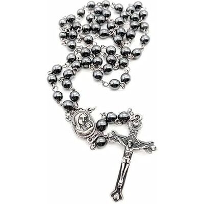 Nazareth Store Chapelet en hématite avec perles en pierre noire, collier de terre sacrée de Jérusalem et croix, sac cadeau en velours Nazareth Store Chapelet en hématite avec perles en pierre noire, collier de terre sacrée de Jérusalem et croix, sac cadeau en velours
