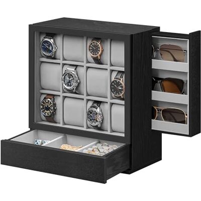 SONGMICS Boîte à montres en bois à 12 emplacements avec fenêtre, vitrine pour montres avec placage en bois massif, rangement vertical, économie d'espace, idée cadeau, noir ébène JOW014B01 SONGMICS Boîte à montres en bois à 12 emplacements avec fenêtre, vitrine pour montres avec placage en bois massif, rangement vertical, économie d'espace, idée cadeau, noir ébène JOW014B01