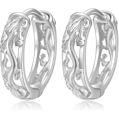 BlackAmazement Lot de 2 boucles d'oreilles créoles à rabat Motif dragon Argenté/noir Pour homme et femme BlackAmazement Lot de 2 boucles d'oreilles créoles à rabat Motif dragon Argenté/noir Pour homme et femme