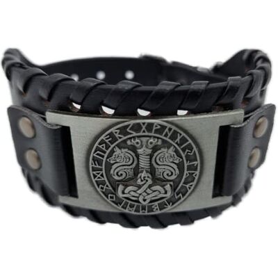 Vikings Bracelet viking avec marteau de Thor Mjölnir avec loups d'Odin dans un cercle de runes Cuir Métal Noir Argent Vikings Bracelet viking avec marteau de Thor Mjölnir avec loups d'Odin dans un cercle de runes Cuir Métal Noir Argent