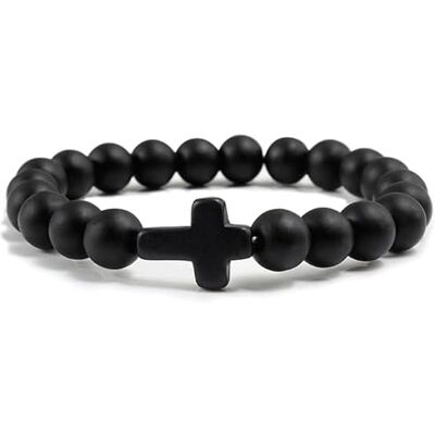 Memphis Bracelet en perles avec croix en pierre naturelle Noir mat Memphis Bracelet en perles avec croix en pierre naturelle Noir mat