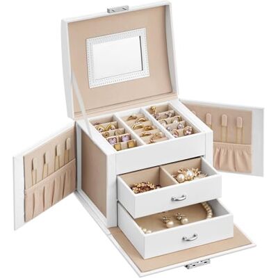 SONGMICS Boîte à bijoux à 3 niveaux, avec poignée, 2 tiroirs, boîte à bijoux avec miroir, serrure, rangement de bijoux pour voyage, moderne, idée cadeau, blanc classique JBC154W01 SONGMICS Boîte à bijoux à 3 niveaux, avec poignée, 2 tiroirs, boîte à bijoux avec miroir, serrure, rangement de bijoux pour voyage, moderne, idée cadeau, blanc classique JBC154W01