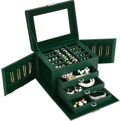 SONGMICS Boîte à Bijoux 4 Niveaux, avec 3 Tiroirs, Verrouillable Écrin à Accessoires, avec Miroir Intérieur, pour Montres, Vert Forêt et Vert Rétro, Collection BRIDIE JBC159C01 SONGMICS Boîte à Bijoux 4 Niveaux, avec 3 Tiroirs, Verrouillable Écrin à Accessoires, avec Miroir Intérieur, pour Montres, Vert Forêt et Vert Rétro, Collection BRIDIE JBC159C01