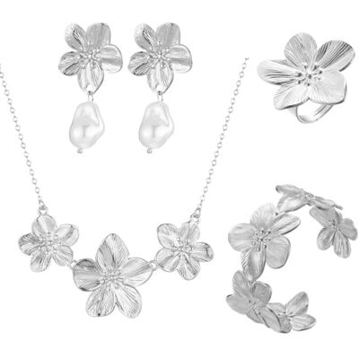 BWOOOWE Lot de 4 bijoux pour femme avec collier, bague, bracelet, boucles d'oreilles, fleurs élégantes, accessoires floraux pour fête, cérémonie, mariage BWOOOWE Lot de 4 bijoux pour femme avec collier, bague, bracelet, boucles d'oreilles, fleurs élégantes, accessoires floraux pour fête, cérémonie, mariage