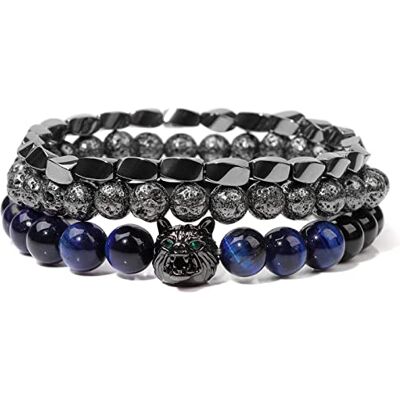 WRKBKS Bracelet en pierre naturelle œil de tigre tête de loup pour homme Perles de roche volcanique brave Pulsera, bleu, 21 cm WRKBKS Bracelet en pierre naturelle œil de tigre tête de loup pour homme Perles de roche volcanique brave Pulsera, bleu, 21 cm